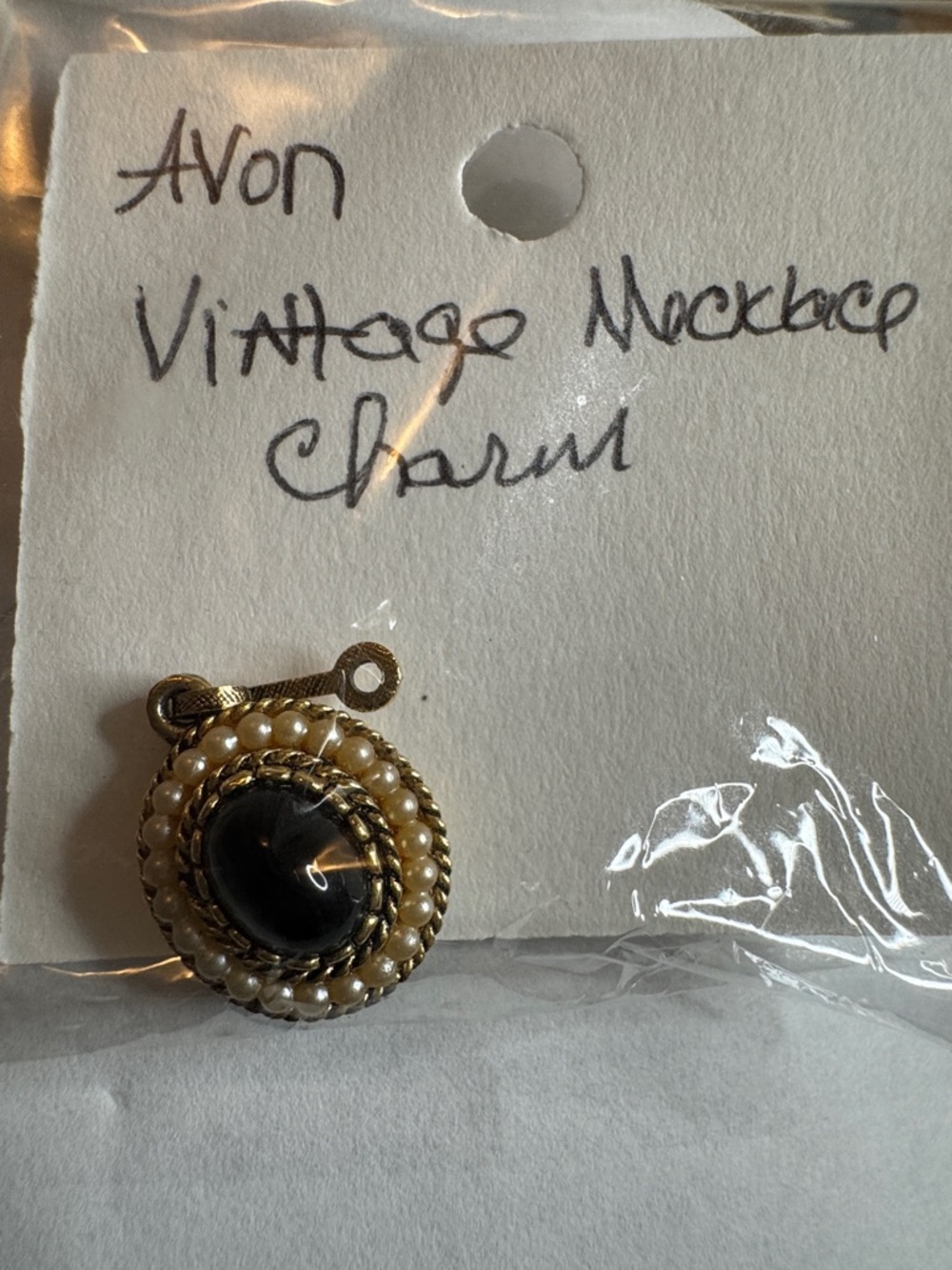 Avon Gold-Tone Necklace Charm with Black Cabochon and Pearl Bead Border